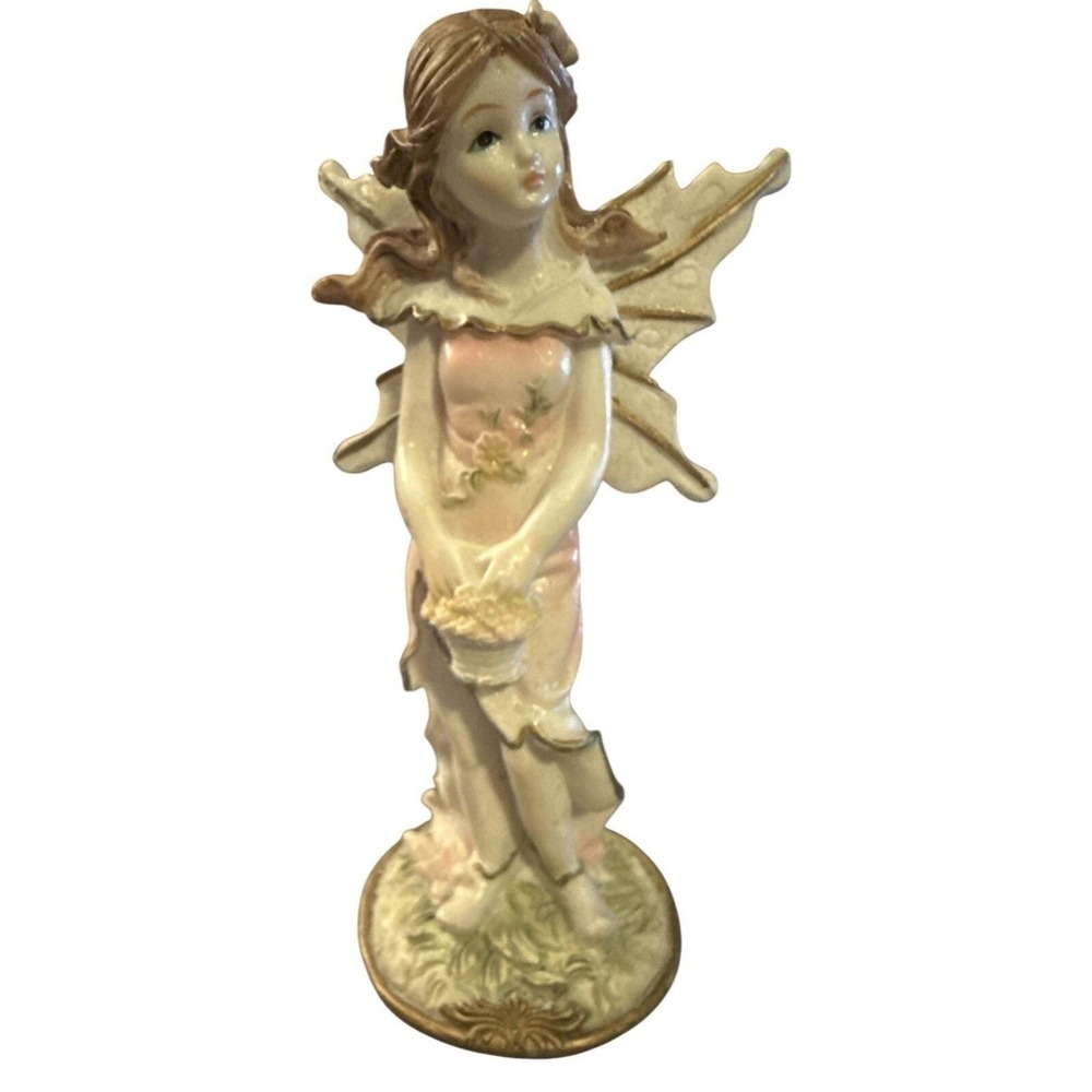 Miniature Fairy In Lovely Pink Gown With A Basket Of Flowers Gold Trim 5.25"